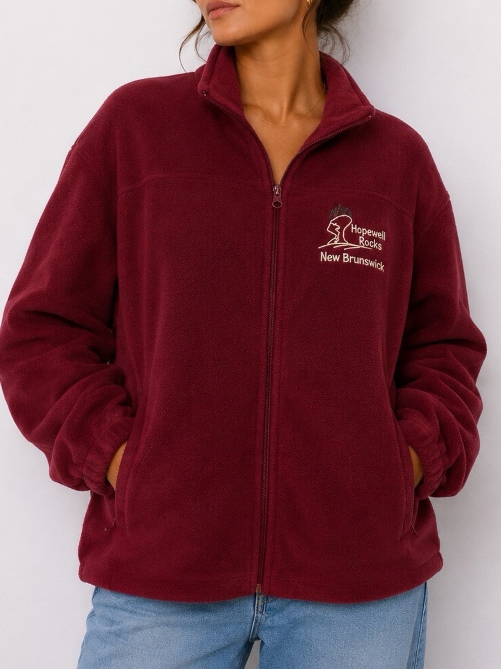 Vintage Fleece Sweater Northern Getaway Fleece Burgundy Cozy New Brunswick